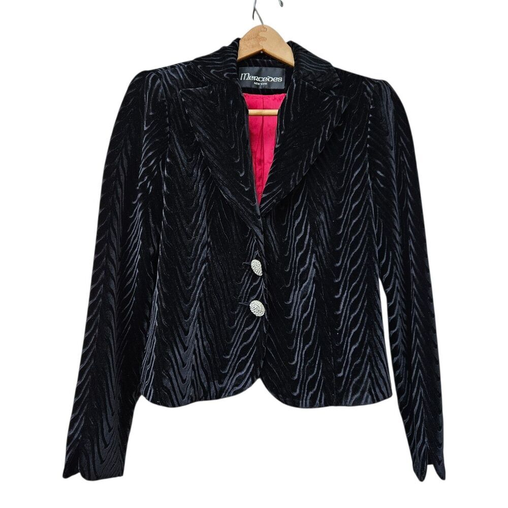 Vintage Black Velvet Short Blazer Jacket Size 6 Regency Retro Rhinestone Buttons